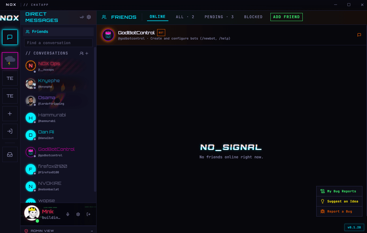 NOX desktop view: direct-messages list on the left, friends-online panel in the centre with the empty-state "NO_SIGNAL", server bar on the far left.