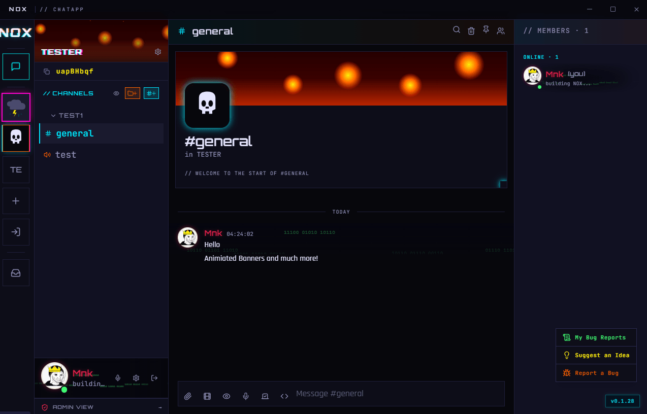 NOX desktop view: a TESTER server with channel sidebar, an animated banner above #general, message composer at the bottom, members panel on the right.